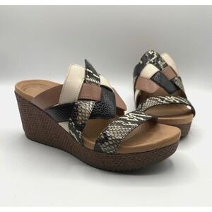 VIONIC Tara Ray Sandals Women's Size 6.5 Black Brown Snake Leather Wedge Heels